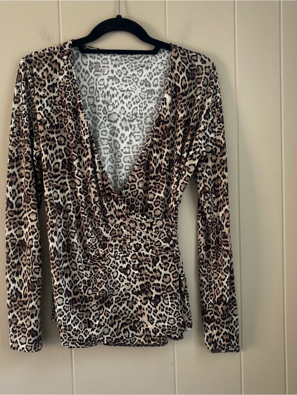 Cheetah Print Surplice Wrap Top - Long Sleeve Faux Wrap V-Neck Blouse-Small